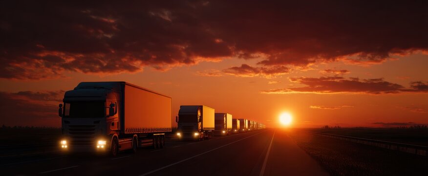 The long convoy of trucks snakes down the highway like glowing fireflies at sunset