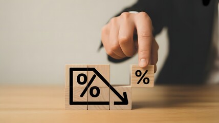 Business profit reduction illustration using wooden blocks percentage sign and falling arrow symbolizing market downturn inflation pressure and revenue decrease