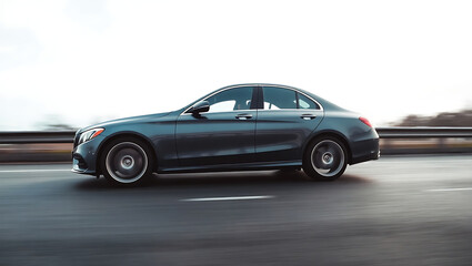 Generative AI portrayal of a sleek modern sedan driving on an open highway with motion blur effect