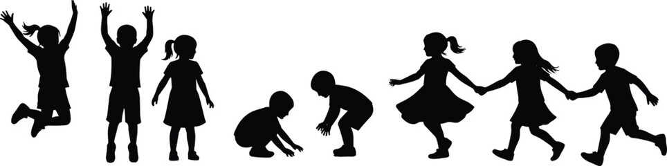 Children playing silhouette activity set, kids jumping, running, holding hands, standing and bending poses, happy childhood black shadow illustration collection