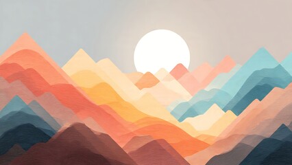 Simplified Geometric Landscape of Colorful Mountains Under a Bright Sun