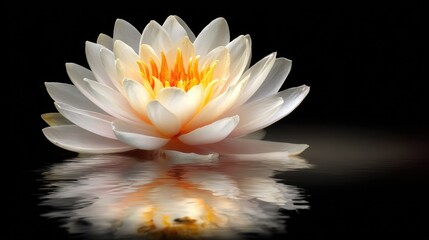 Luminous white water lily floats gently on dark, reflective water surface