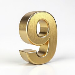 Shiny golden number nine with brushed texture isolated on white background