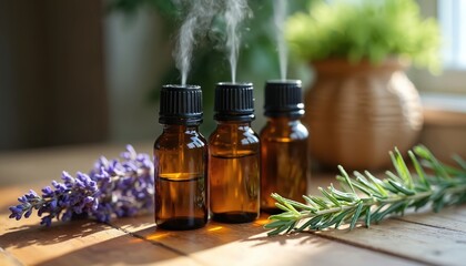 Three glass bottles with essential oils diffuse vapor. Lavender sprigs and rosemary branch sit on wooden table. Natural aromatherapy for home ambiance relaxation.