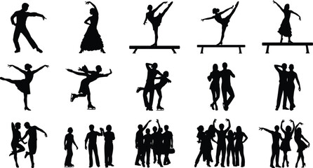 Dance and performance silhouette collection, ballet, ballroom, ice skating, group poses for choreography, stage shows, artistic movement illustrations, vector set