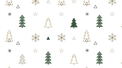 A festive Christmas decoration featuring various green and gold Christmas trees, snowflakes on a white background with a holiday theme.