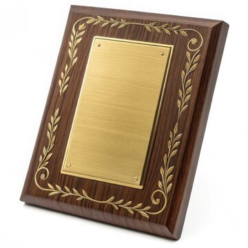 Elegant wooden plaque with golden laurel wreath detail and blank brass plate isolated on white background