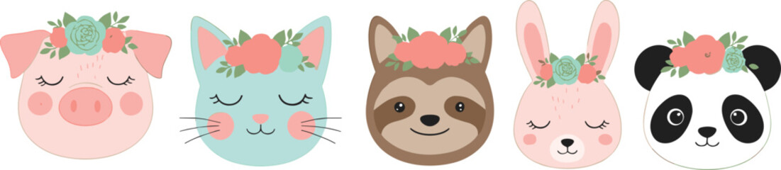Naklejka premium Adorable vector collection of five cartoon animal heads (pig, cat, sloth, bunny, panda) with sleepy eyes and pastel floral crowns, perfect for nursery art, baby shower invitations, and children's appa