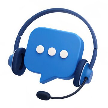 Blue speech bubble with headphones and microphone representing customer service communication isolated on white background