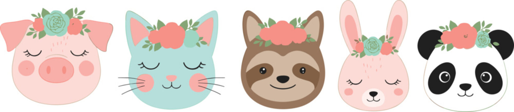 Adorable vector collection of five cartoon animal heads (pig, cat, sloth, bunny, panda) with sleepy eyes and pastel floral crowns, perfect for nursery art, baby shower invitations, and children's appa
