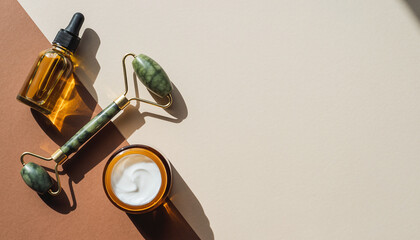 Elevate your skincare routine with rejuvenating jade roller, cream, and essential oil for a spa-like experience at home