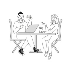 A girl and a man are sitting and chatting at a cafe table, eating fast food, and a laptop is open on the table. Doodle style, hand-drawn. Vector graphics.