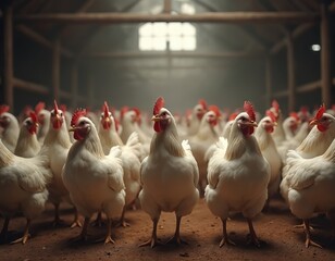 Fototapeta premium Many white broiler chickens stand inside commercial farm house. Large group of young hens on dirt ground inside dusty poultry barn. Birds ready for meat production, agribusiness, food industry,