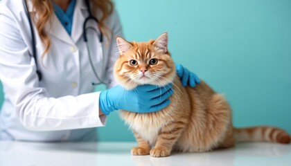Veterinarian in blue gloves examines ginger cat. Doctor with stethoscope checks pet health. Vet clinic room, medical care for animal. Domestic pet check-up.