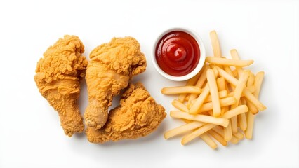 Naklejka premium Golden fried chicken served with crispy fries, ketchup dip