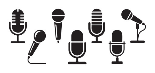 Collection of various black microphone icons in simple graphic style