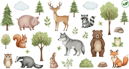 A detailed watercolor style collection of woodland animals, including a deer, fox, bear, pig, wolf, and rabbit, with forest trees, bushes, and natural elements. © MstBobita