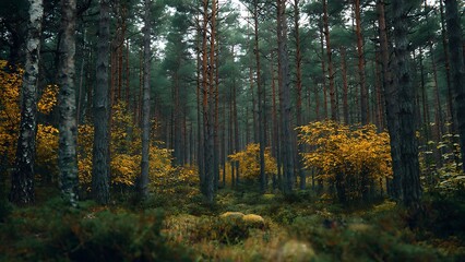 Naklejka premium Serenity in a Dark Green Pine Thicket in Latvia’s Verdant Forests