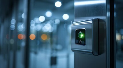 Closeup of a modern security camera with a green light mounted on a wall with a blurred background of city lights at night. - Powered by Adobe
