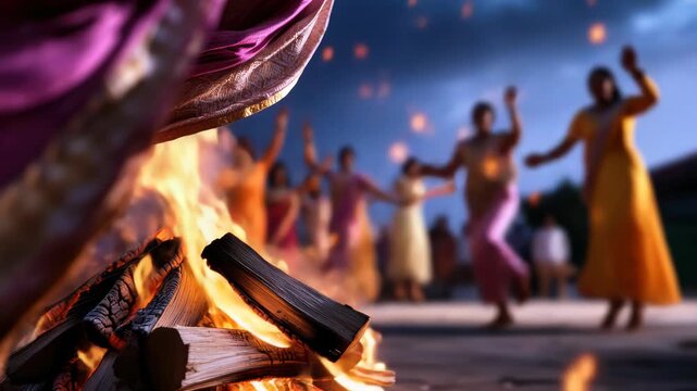 People in colorful apparel are celebrating Lohri, an Indian harvest festival, dancing around a large bonfire burning vigorously under the evening sky, symbolizing warmth and new beginnings