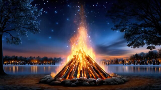 Lohri festival celebrating winter harvest with a traditional bonfire, logs burning warmly, and sesame seeds offering for prosperity and good fortune