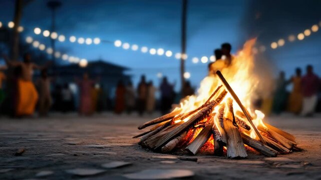 Lohri festival bonfire burning brightly, creating a warm glow in a village square at night, with people celebrating and gathering around the traditional harvest holiday fire event