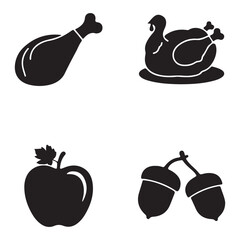 Thanksgiving Food Silhouette Icon Set &ndash; Turkey, Chicken Leg, Apple, and Acorn Vector