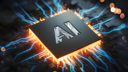 Central artificial intelligence processor with glowing energy circuits and futuristic digital network connections