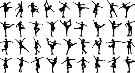 Figure skating silhouette collection, graceful ice skater poses performing spins, jumps, balance moves for winter sports design, choreography, training vector set