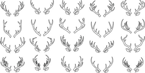 Hand-drawn deer antlers collection, decorative horn illustrations set for rustic design, forest wildlife elements, vintage woodland style artwork concepts