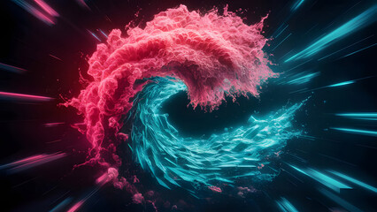 Vibrant swirling vortex of pink and blue smoke or liquid with glowing streaks of light in the dark