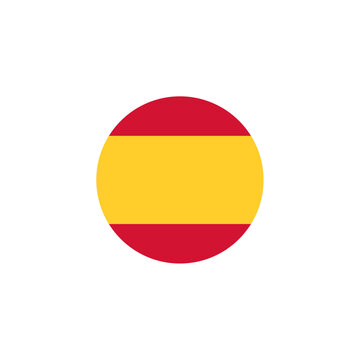 Red yellow red circular Spanish flag icon with coat of arms, stylized Spain emblem for culture, nationality, travel, language, and international identity