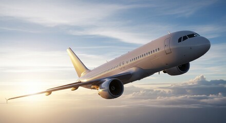 Airplane soars majestically through a stunning skyscape, backlit by golden light.