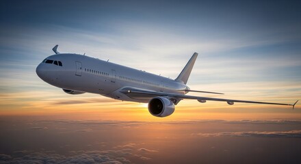 Airplane Flying High Above Clouds at Sunset Sky, Commercial Jet