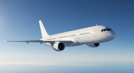 Passenger airplane in flight soaring in a cloudless light blue sky.