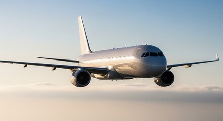 Silver airplane flying smoothly in a clear, bright, and sunny sky
