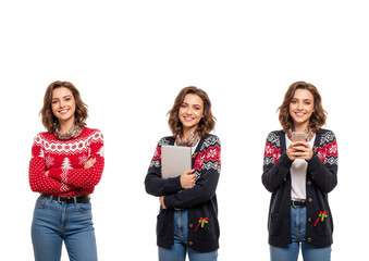 Happy Young Woman in Festive Christmas Sweaters Holding Laptop and Smartphone Isolated on White
