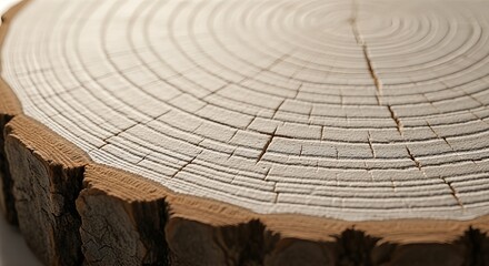 A close-up view of a tree trunk cross-section showing detailed annual growth rings and natural wood texture.