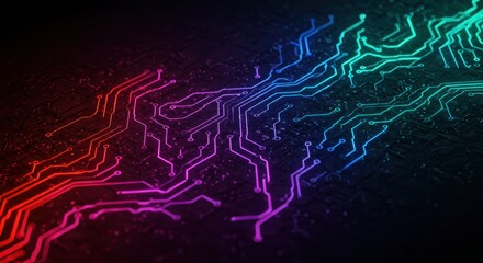 Illuminated digital pathways glow with vibrant colors across a dark background surface