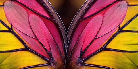 Tropical butterfly mirror wings. Abstract natural background. Vivid pink and yellow pattern.