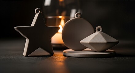 Three handcrafted ceramic ornaments, a star, disc, and geometric shape, illuminated by a warm candle glow on a dark surface.