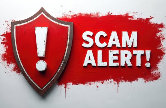 Red shield with white exclamation mark warns. SCAM ALERT text on red paint splash background highlights digital threats. Image represents online fraud, phishing, cybercrime, identity theft, financial