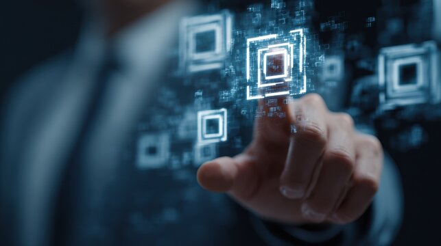 Medium shot of a professional examining a digital blockchain interface symbolizing permissionbased trust verification in a corporate environment. - Powered by Adobe