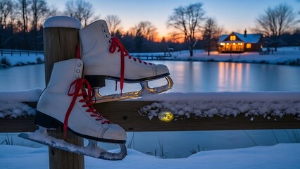 Vintage Ice Skates with Red Laces Hanging on Snowy Fence Overlooking Frozen Pond and Cabin at Sunset Create Tranquil Winter Scene