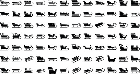 Large collection of sleigh and sled silhouettes, winter vehicle icons set for Christmas transport, holiday decoration elements, festive seasonal design concepts