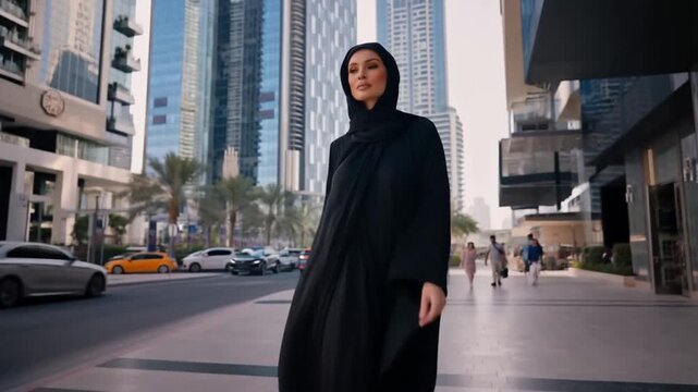 Elegant woman in traditional attire, walking gracefully amidst urban skyscrapers. The woman is dressed in a dark abaya and hijab, exuding confidence and poise. Stock Video