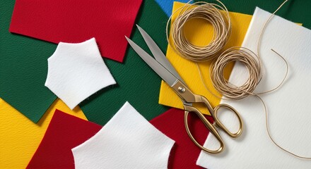 A flat lay of colorful craft materials including felt sheets, twine, and gold-handled scissors, ready for a creative project.