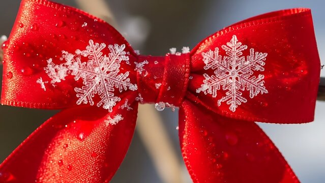 Beautiful red bow with snowflakes decoration covered in ice crystals winter holiday design element for festive season exactly 200 characters - Powered by Adobe