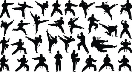 Martial arts silhouette collection, karate and kickboxing action poses, dynamic combat movements for self-defense training, fitness illustrations, sport vector design set