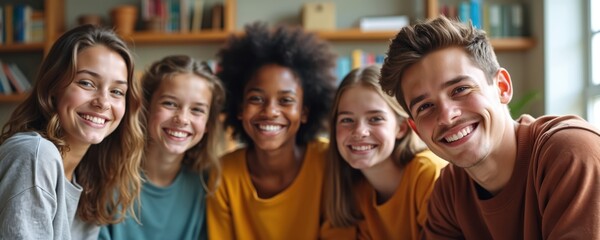 Obraz premium Group of smiling teenagers gather in classroom setting. Diverse students collaborate, learn together. Youthful faces express happiness, engagement during education. Illustration represents modern